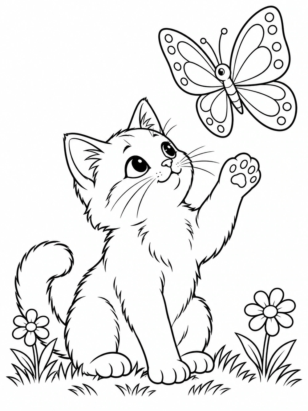 A sitting cat looks up at a butterfly hovering above its raised paw, with grass and two flowers below.