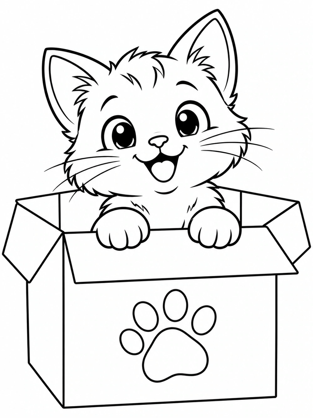 A cheerful, wide-eyed kitten peeks from a cardboard box, resting both front paws on the edge above a large paw-print mark.