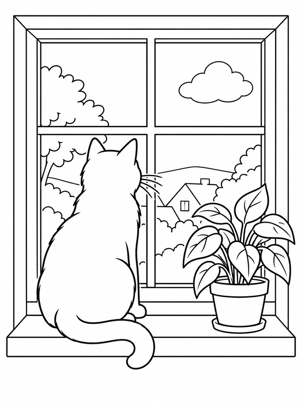 A seated cat on a wide windowsill beside a leafy plant, with a four-pane window and a small cloud outside.