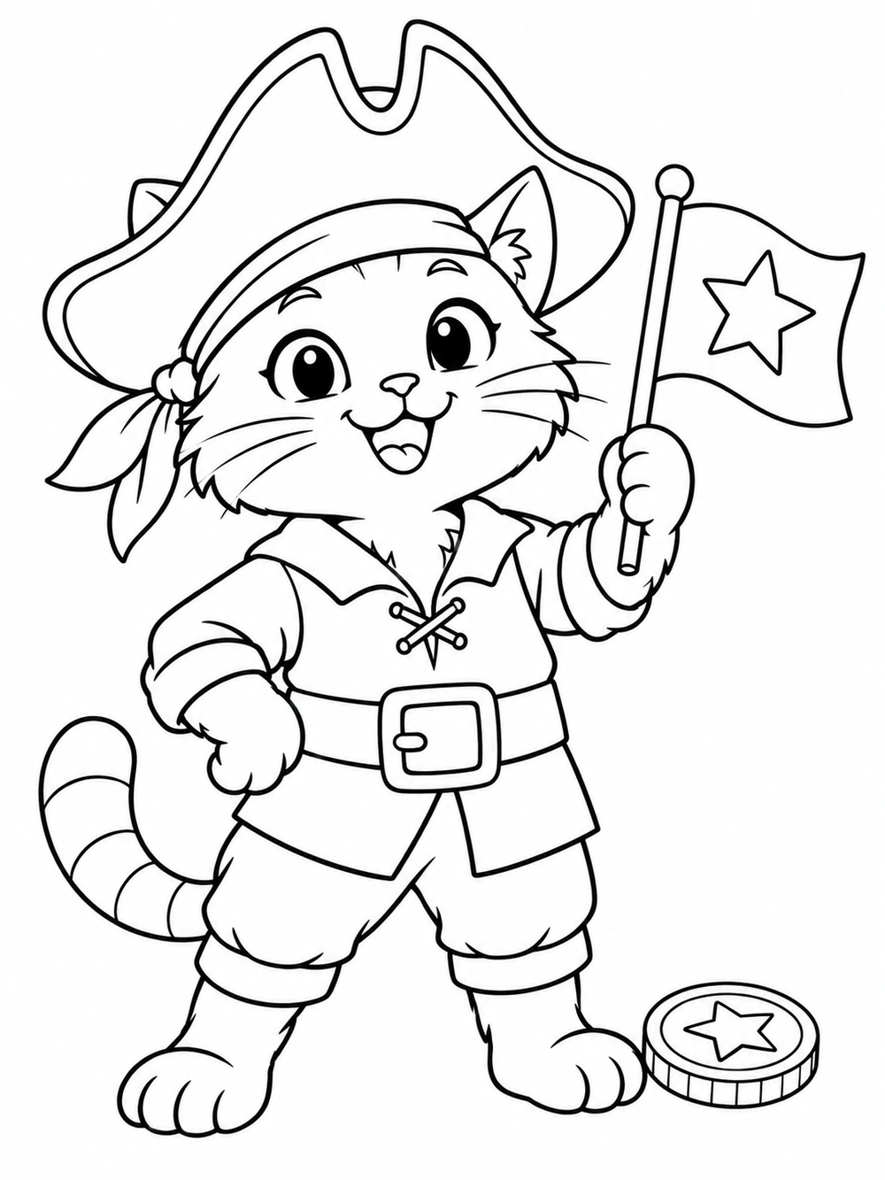 A full-body smiling cat in a pirate outfit with a tricorn hat, broad belt, star flag, and round treasure coin, drawn in black outlines on white.