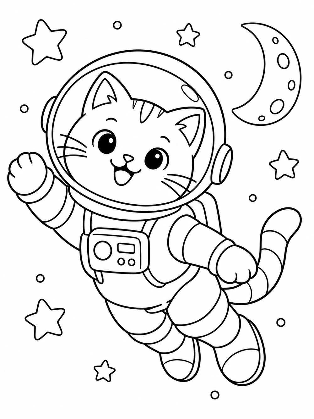 A cheerful cat in a rounded spacesuit floating among stars beside a crescent moon.