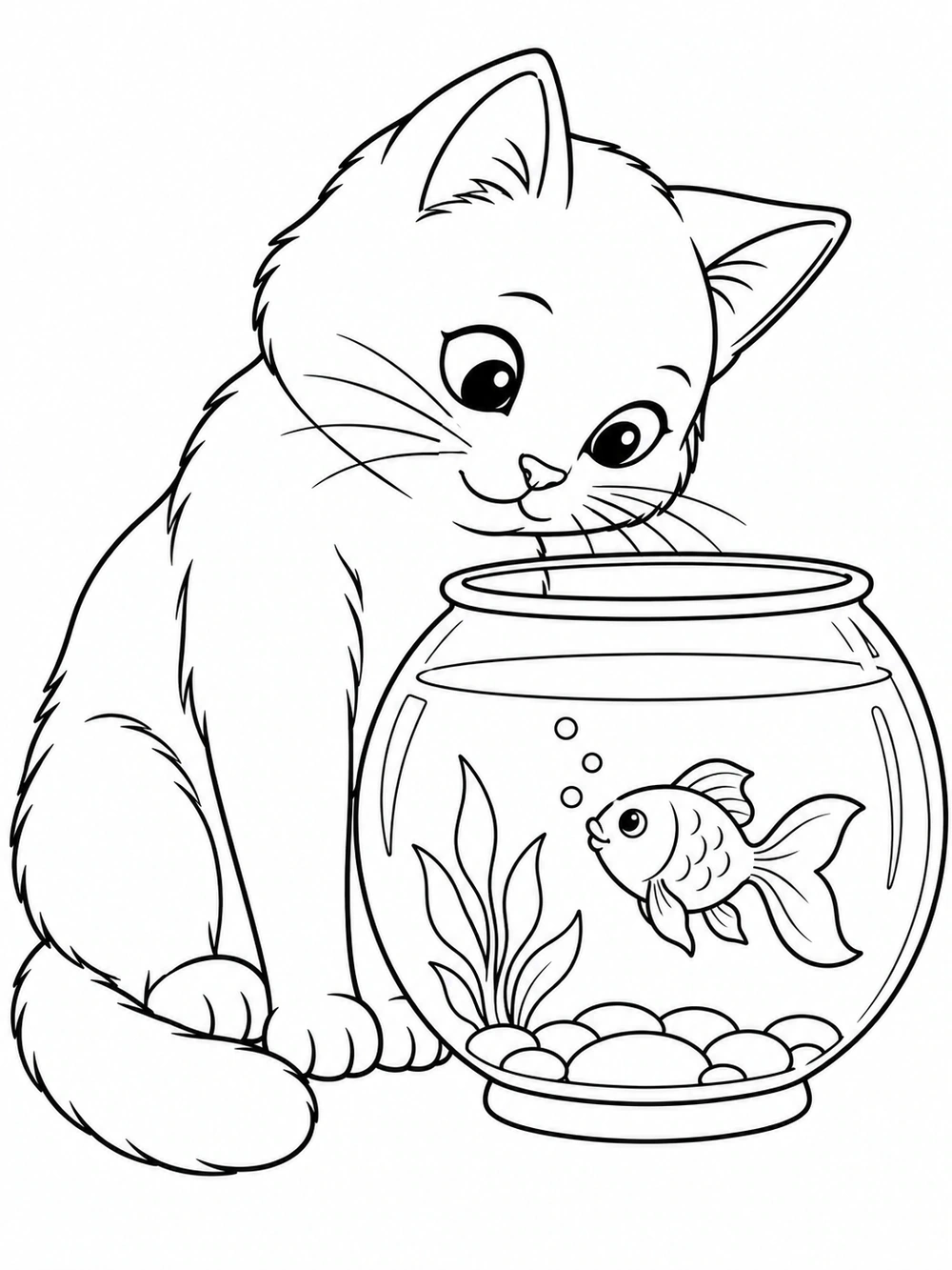 A seated cat leaning toward a round fishbowl containing one fish, bubbles, a plant, and pebbles.