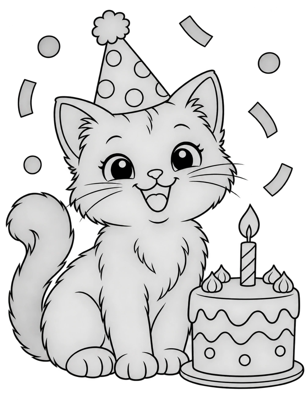 A kitten beside a birthday cake with one candle