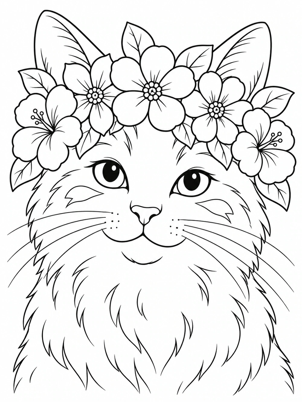 A calm, fluffy cat with visible whiskers and cheek markings wears a crown of large blossoms and broad leaves.