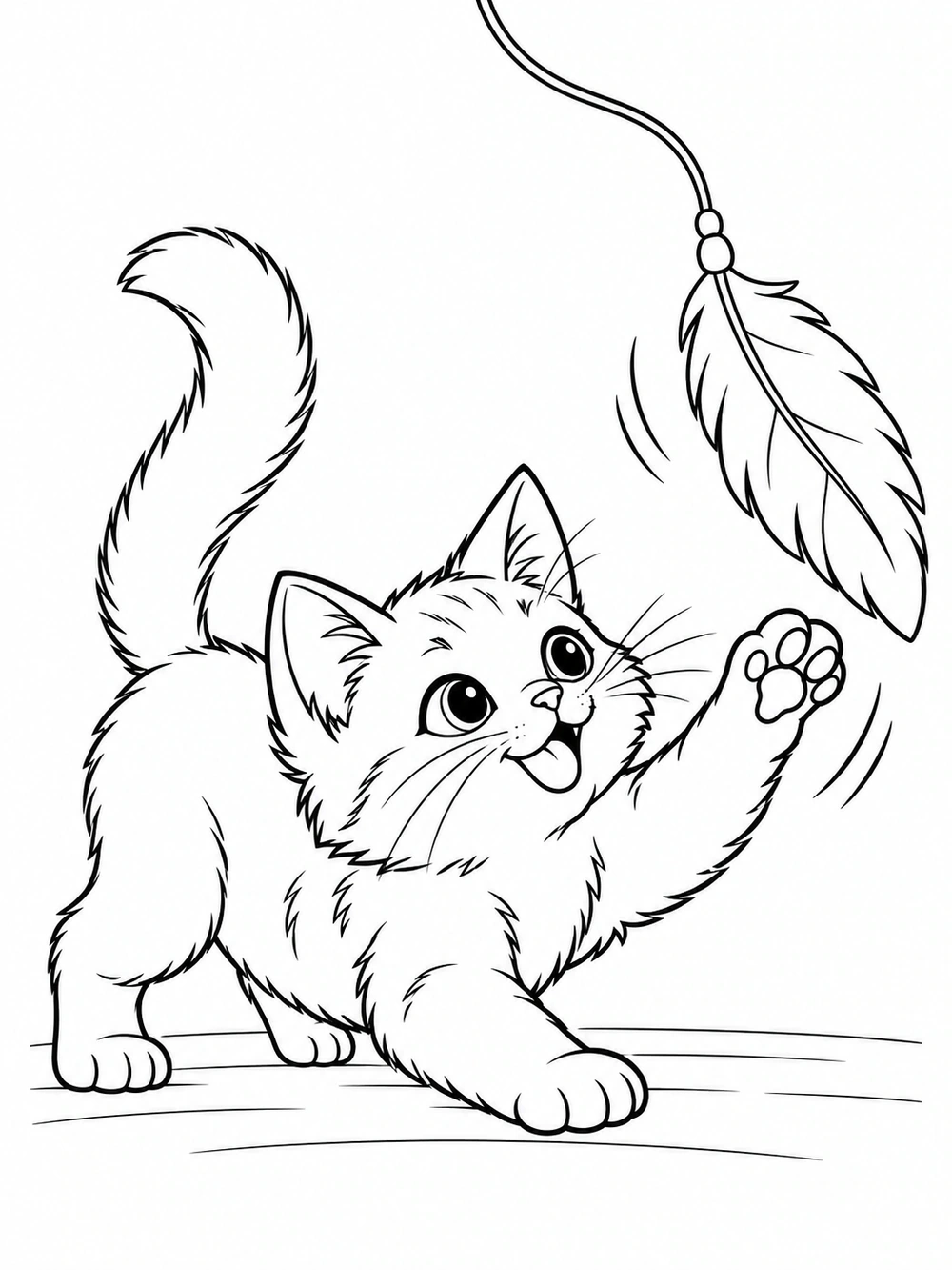 A playful kitten reaching toward a feather toy on a string