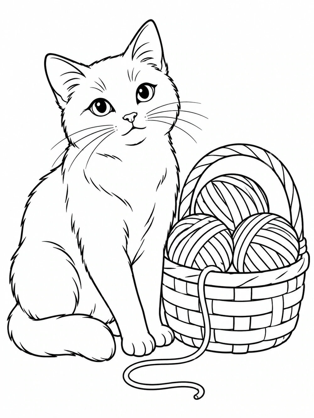A seated cat beside a woven basket holding three balls of yarn, with a strand looping near its paw.