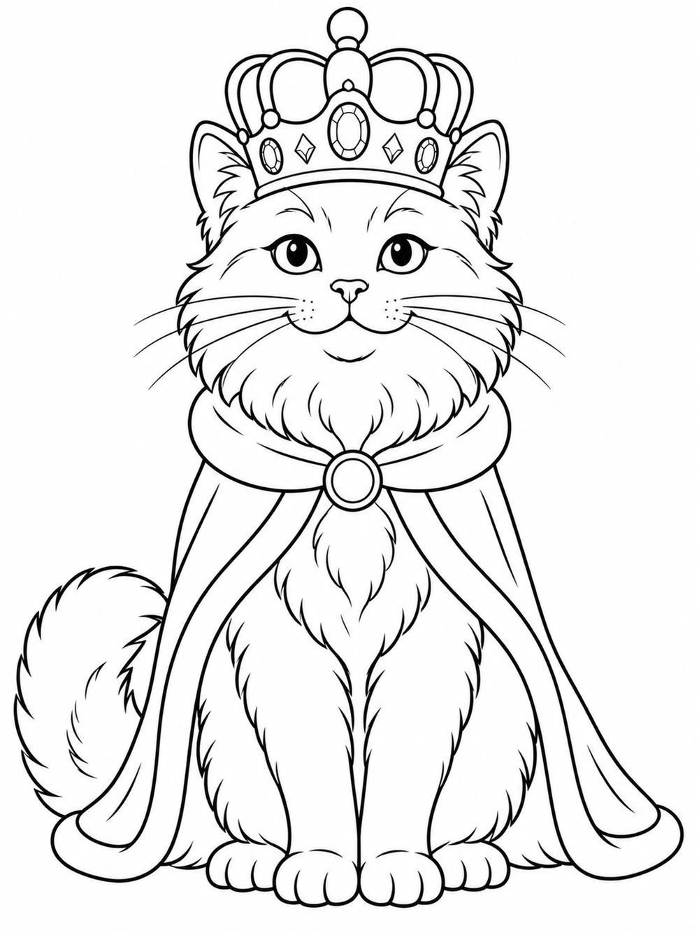 A friendly cat wearing a jeweled crown and flowing cape, sitting upright with a medallion clasp.