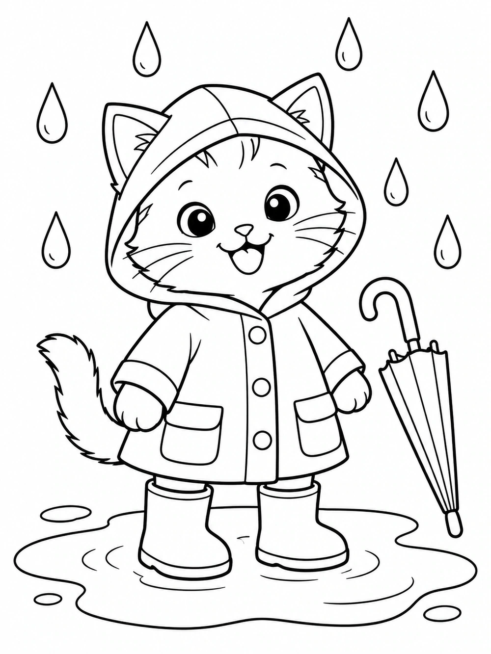 A smiling kitten wearing a hooded raincoat and boots, standing in a puddle beside an umbrella with raindrops overhead.