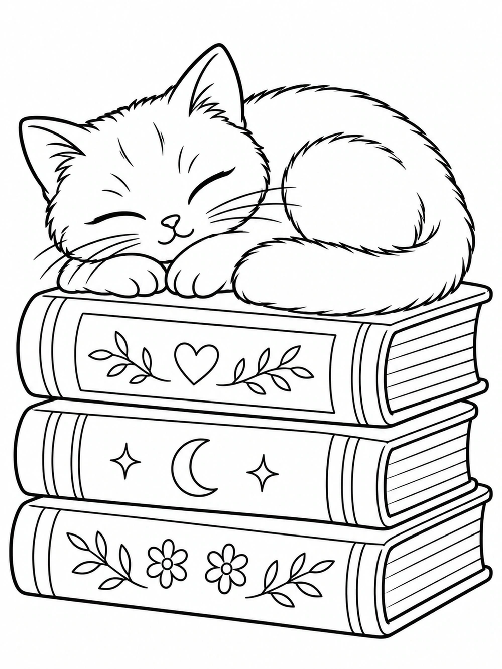 A curled cat resting on three stacked books
