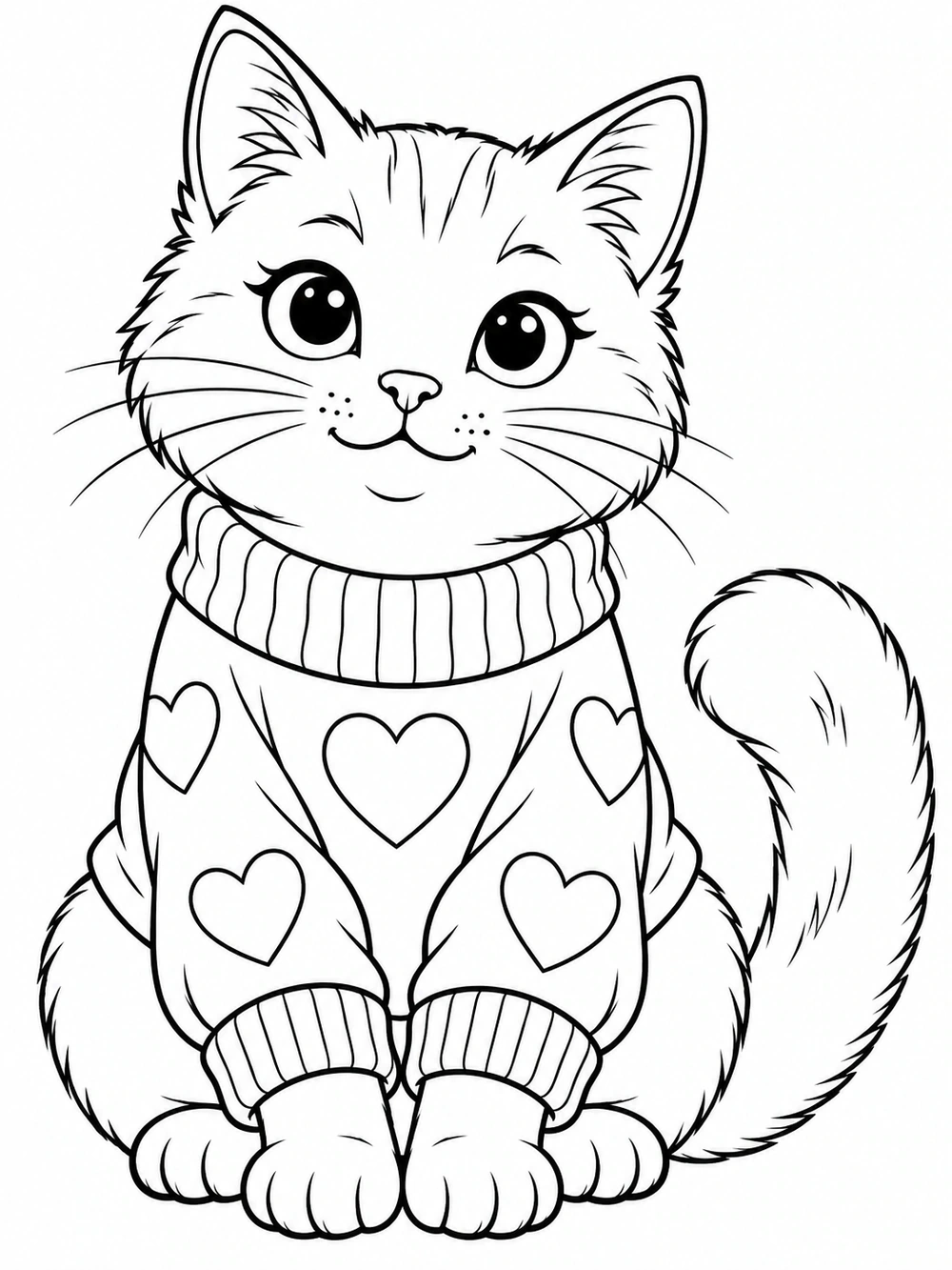 A seated, fluffy cat wearing a heart-patterned sweater with ribbed cuffs, its paws and tail visible.