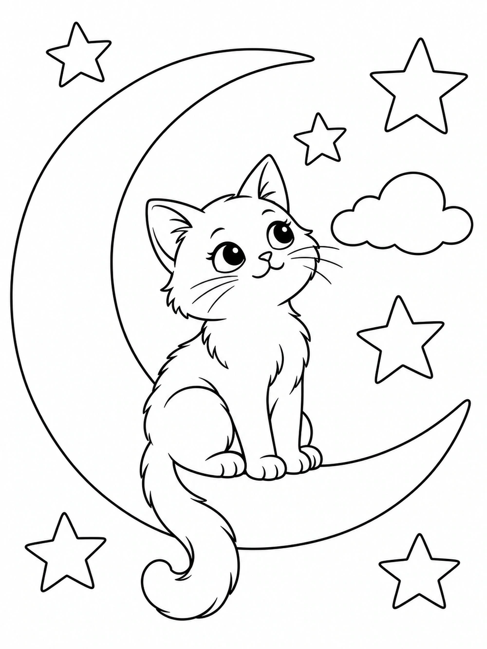 A wide-eyed cat sitting on a crescent moon with five stars and a cloud