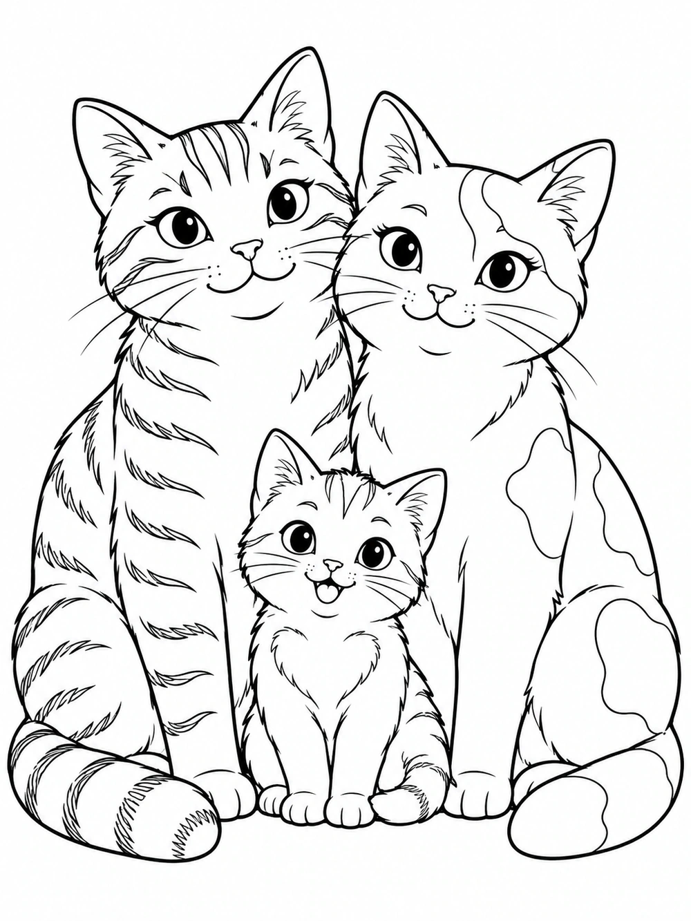 A family of two adult cats and one kitten sitting together