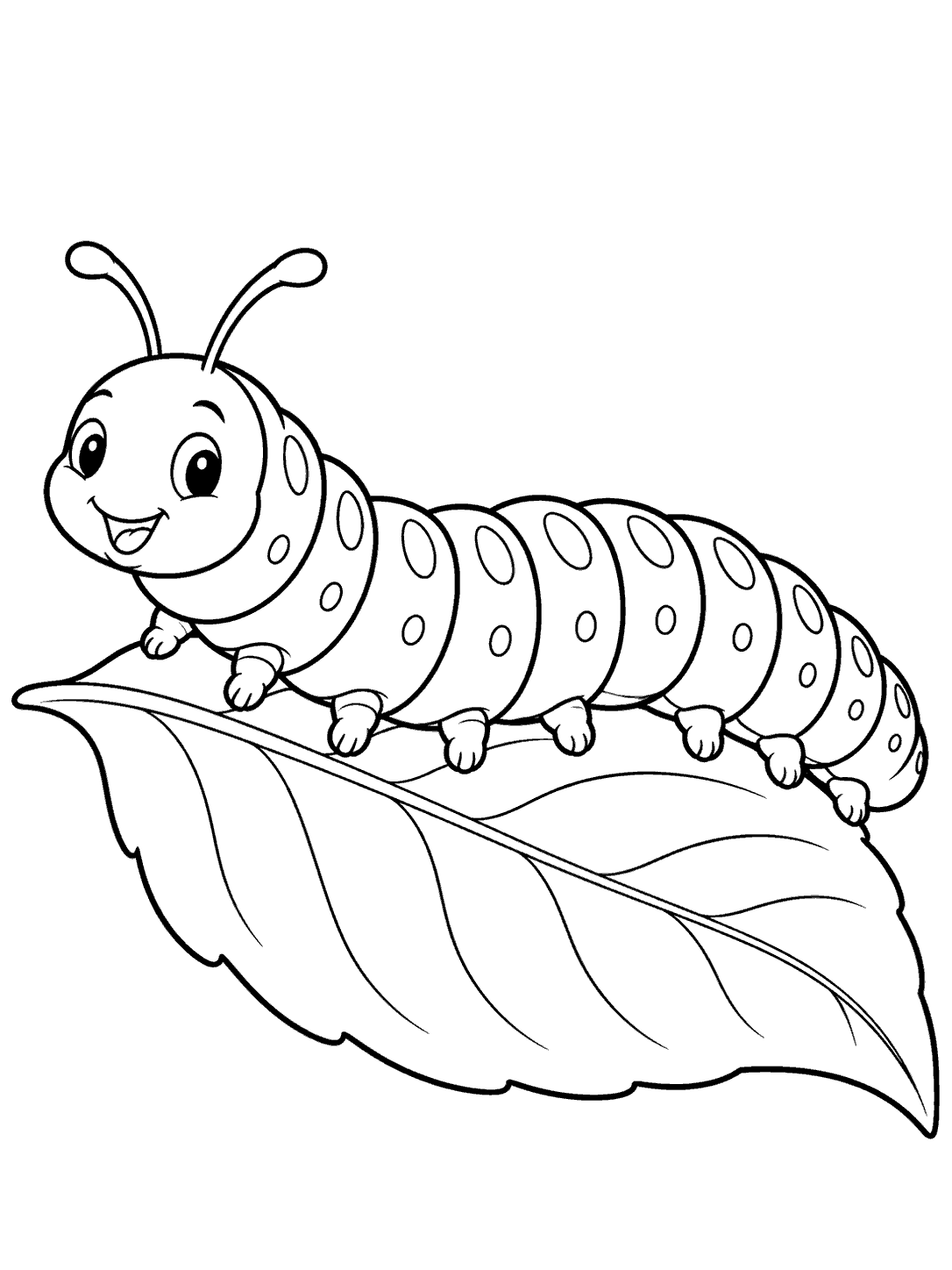 A smiling segmented caterpillar with antennae and small prolegs crawling across a broad leaf.
