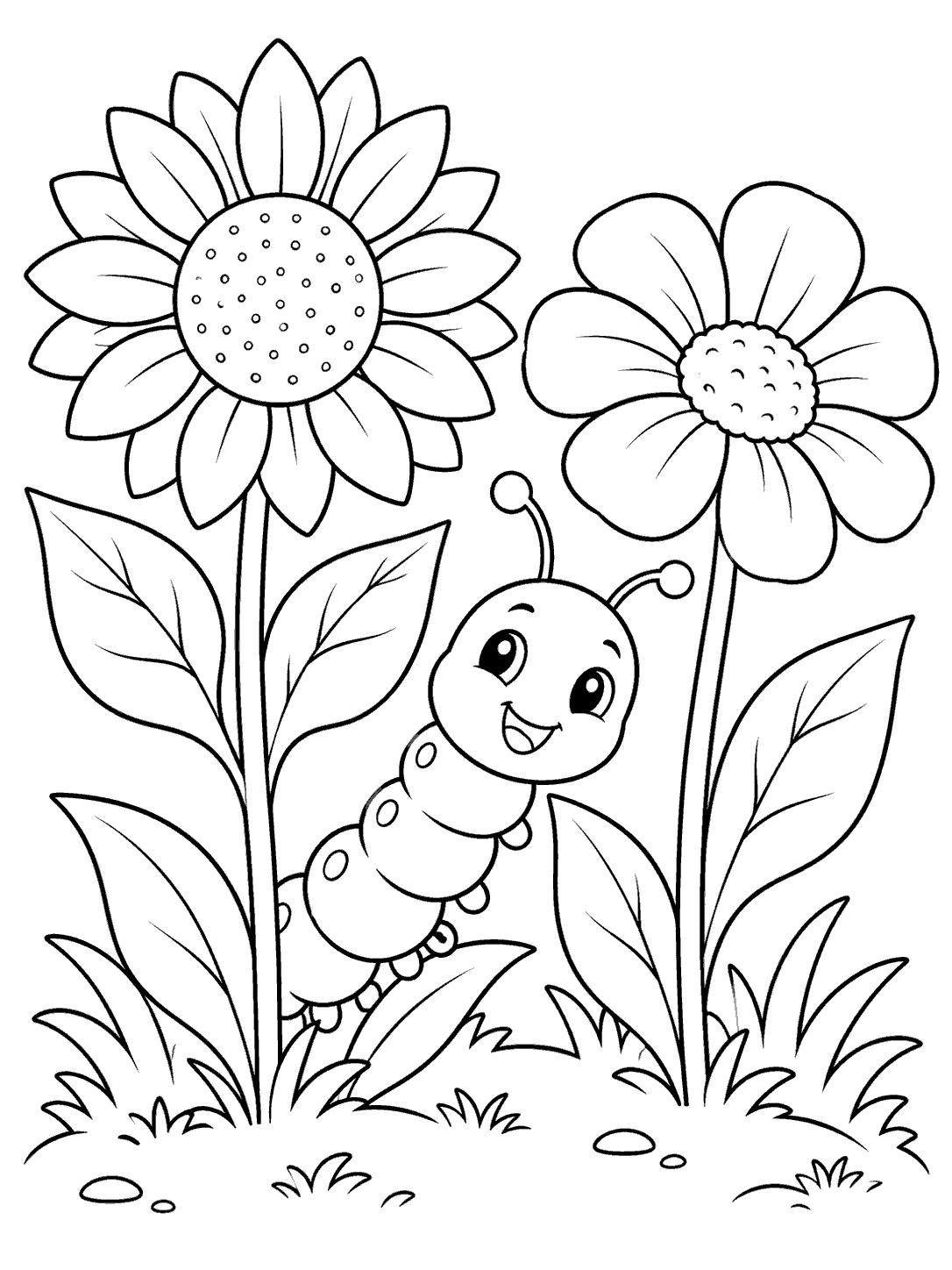 Smiling segmented caterpillar among two tall flowers, leaves, and a small patch of garden ground