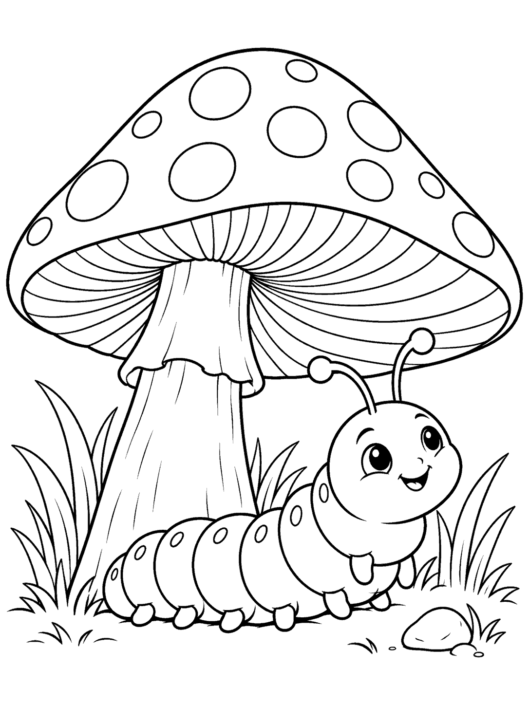 A smiling segmented caterpillar sheltering under a large mushroom with outlined spots, grass, and a small pebble.