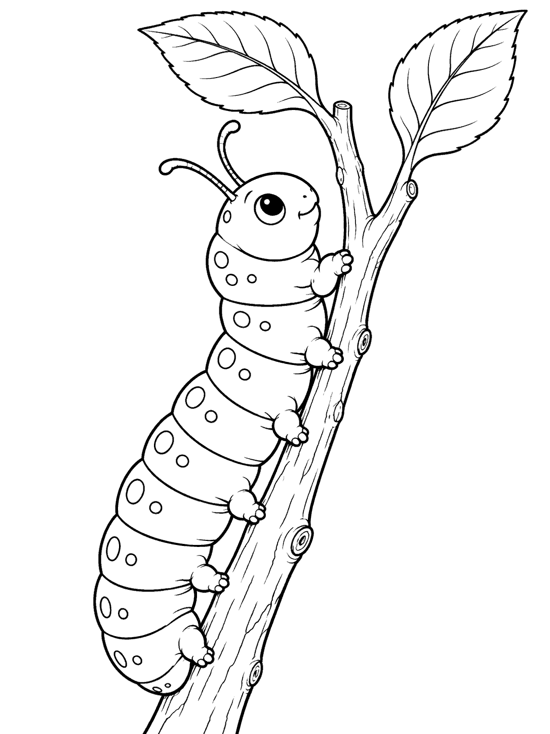 A large segmented caterpillar climbing a slender forked twig with two leaves