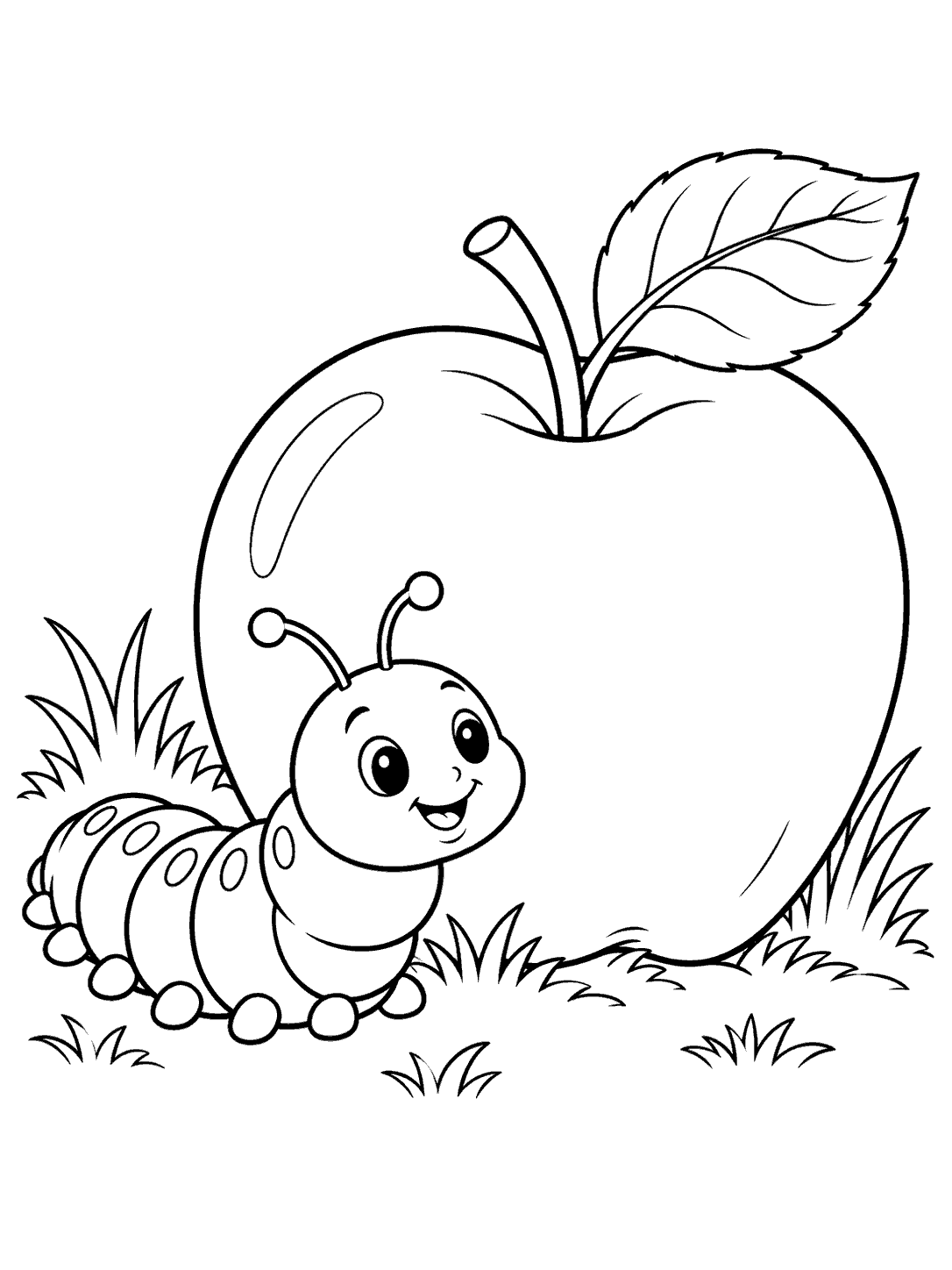 A smiling caterpillar beside a large fallen apple with a stem and leaf, surrounded by grass.