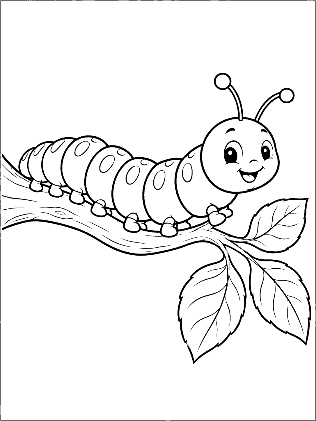 Segmented caterpillar with tiny legs on a curved branch beside three leaves.