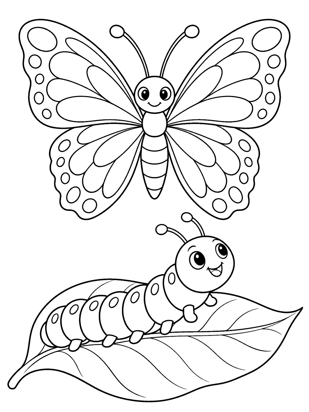 A smiling, segmented caterpillar crawls across a broad veined leaf beneath a large butterfly with symmetrical patterned wings.
