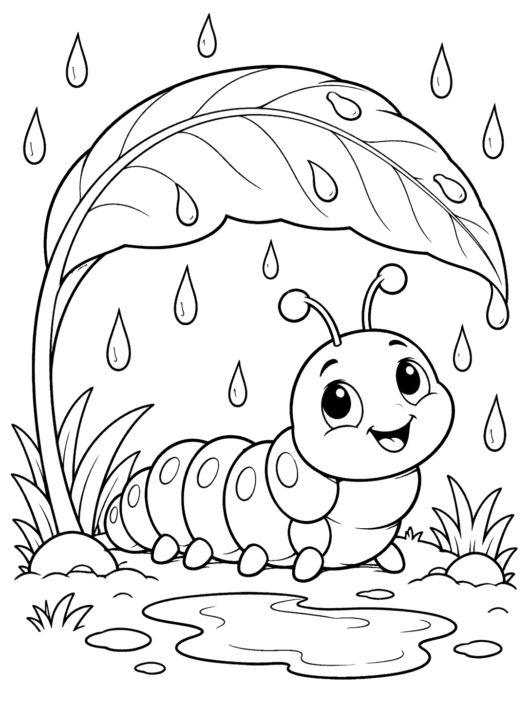 A smiling segmented caterpillar sheltered under an oversized leaf, surrounded by raindrops, grass, and a small puddle.