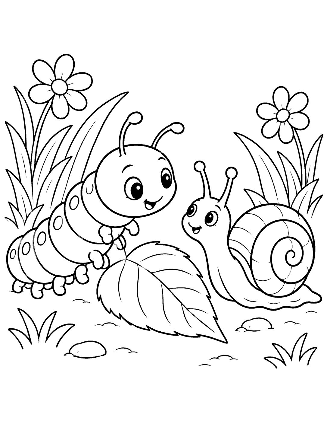 A segmented caterpillar and a spiral-shelled snail facing each other beside a large leaf, with flowers and grass around them.