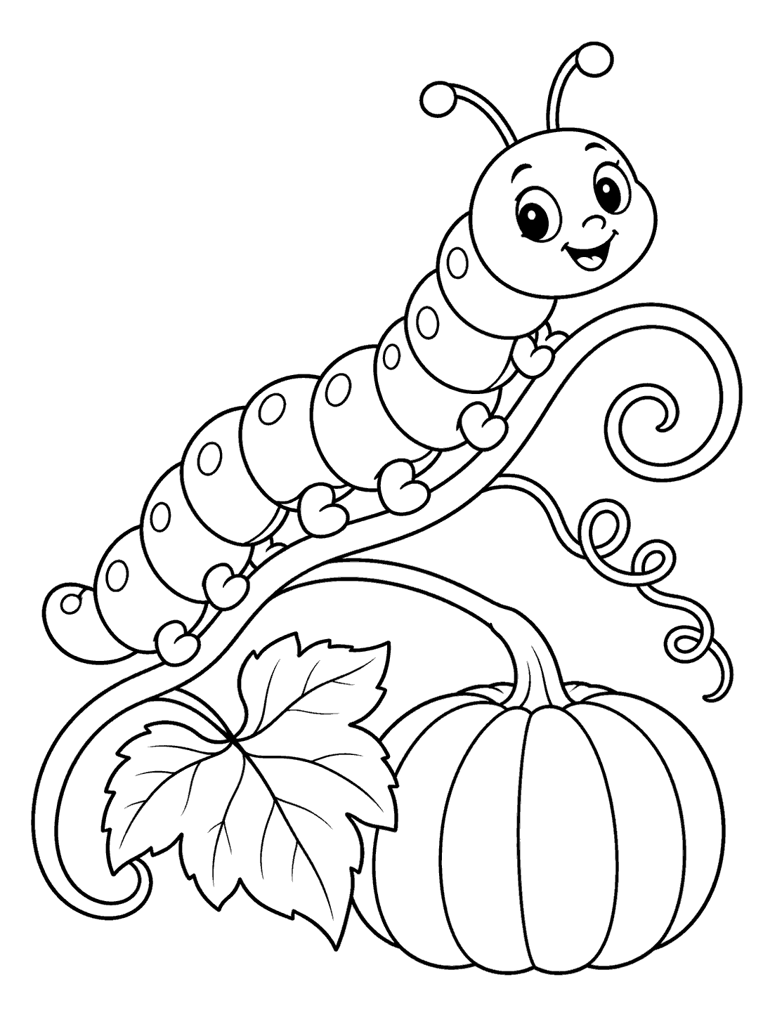 Smiling caterpillar crawling along a curling vine above a ribbed pumpkin with a leaf and tendril.