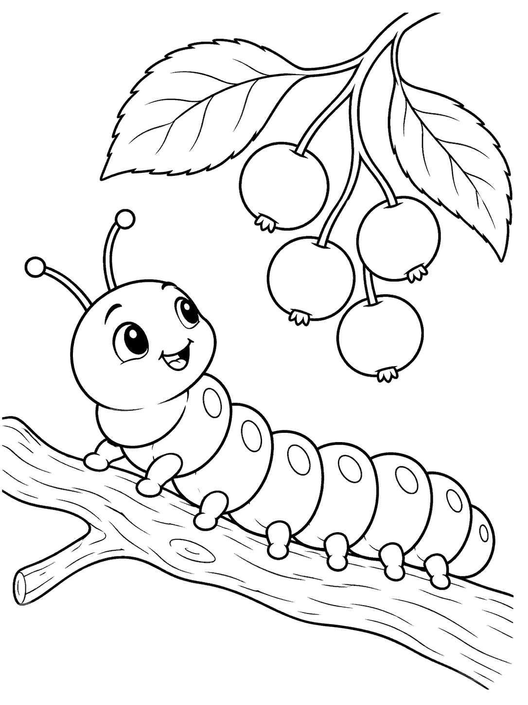 Segmented caterpillar with visible legs on a branch beneath four round berries and two leaves