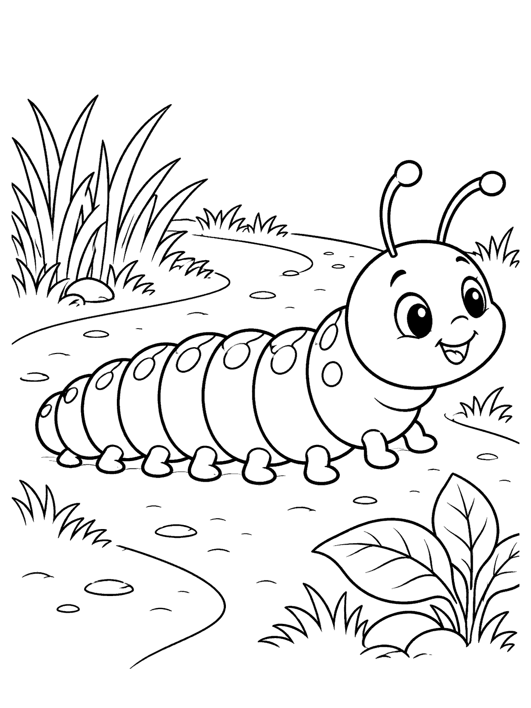 A segmented caterpillar crossing a curving garden path with grass and leafy plants nearby.
