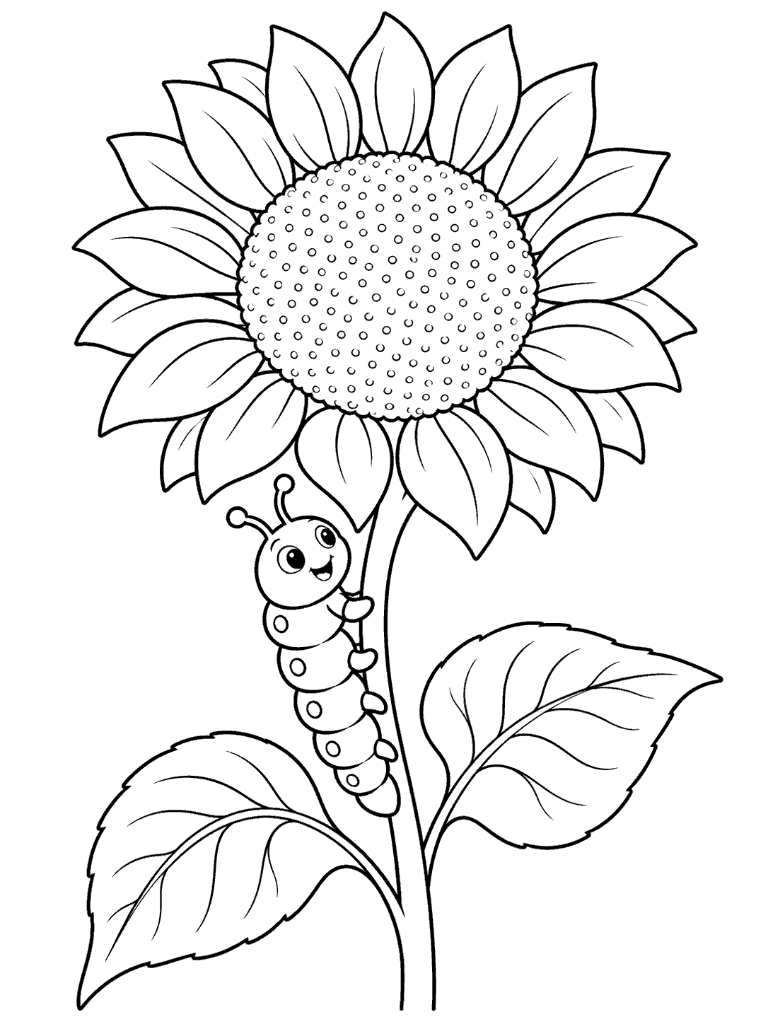 A segmented caterpillar climbs the stem beneath a large sunflower with outlined petals and two broad leaves.