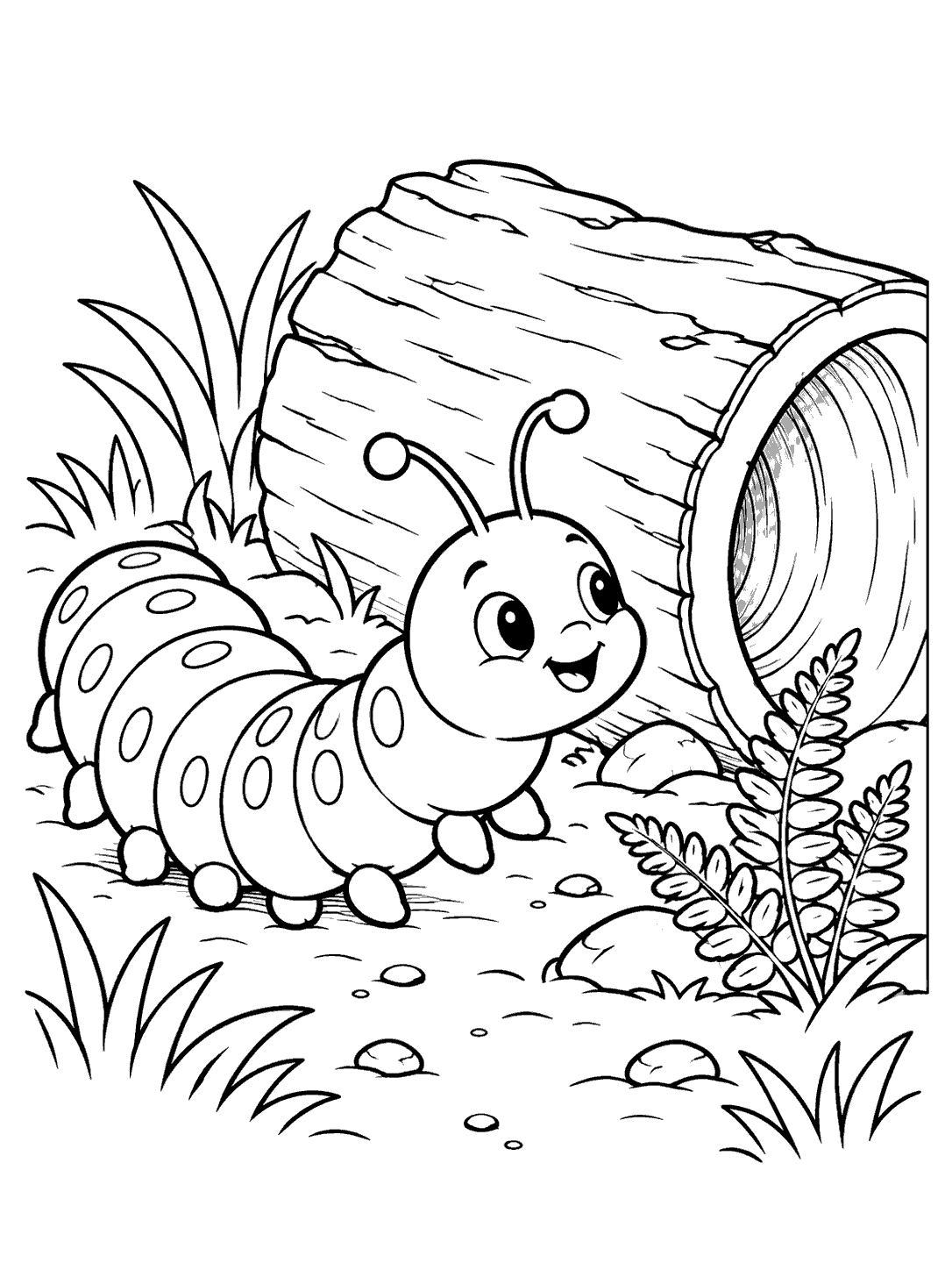 Smiling spotted caterpillar exploring beside a hollow log, ferns, and small stones