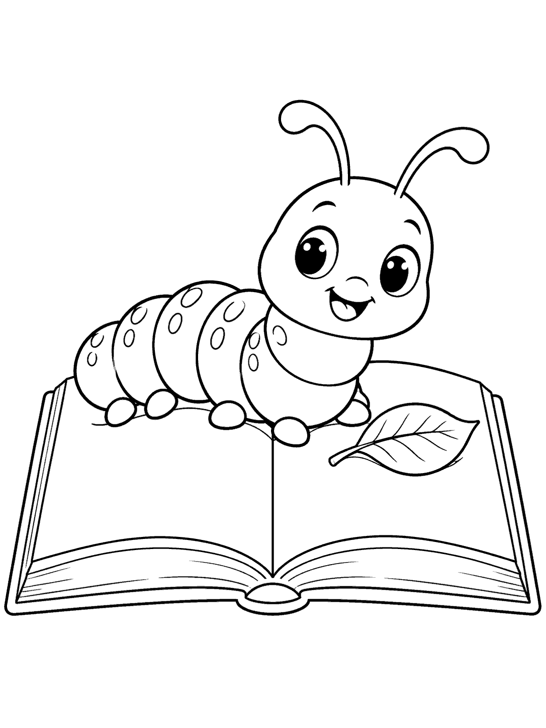 A smiling segmented caterpillar sitting across an open, blank book with one leaf on the page.