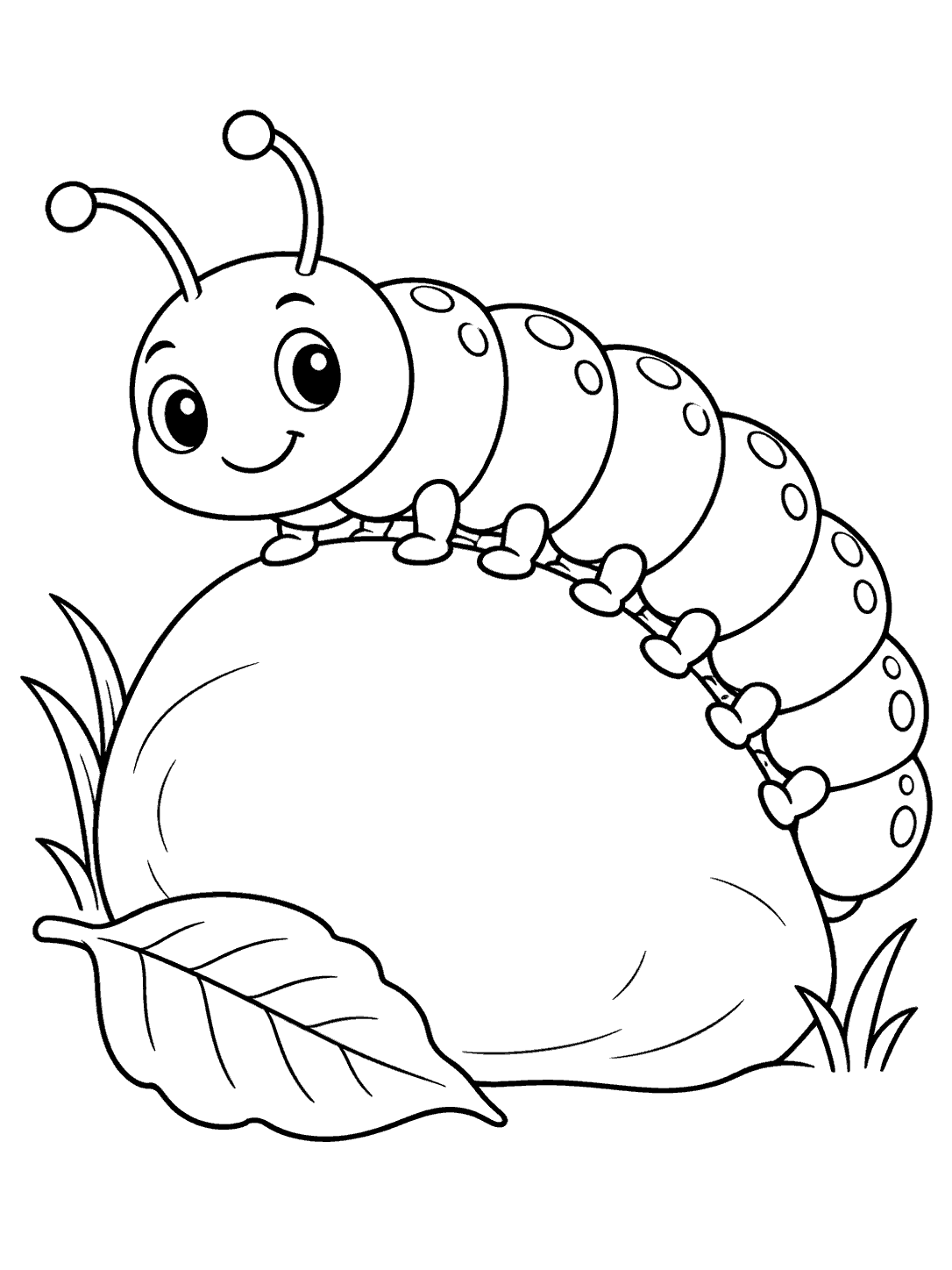 A smiling caterpillar with clear body segments and legs curling over a large garden stone, with a leaf and small grass tufts.