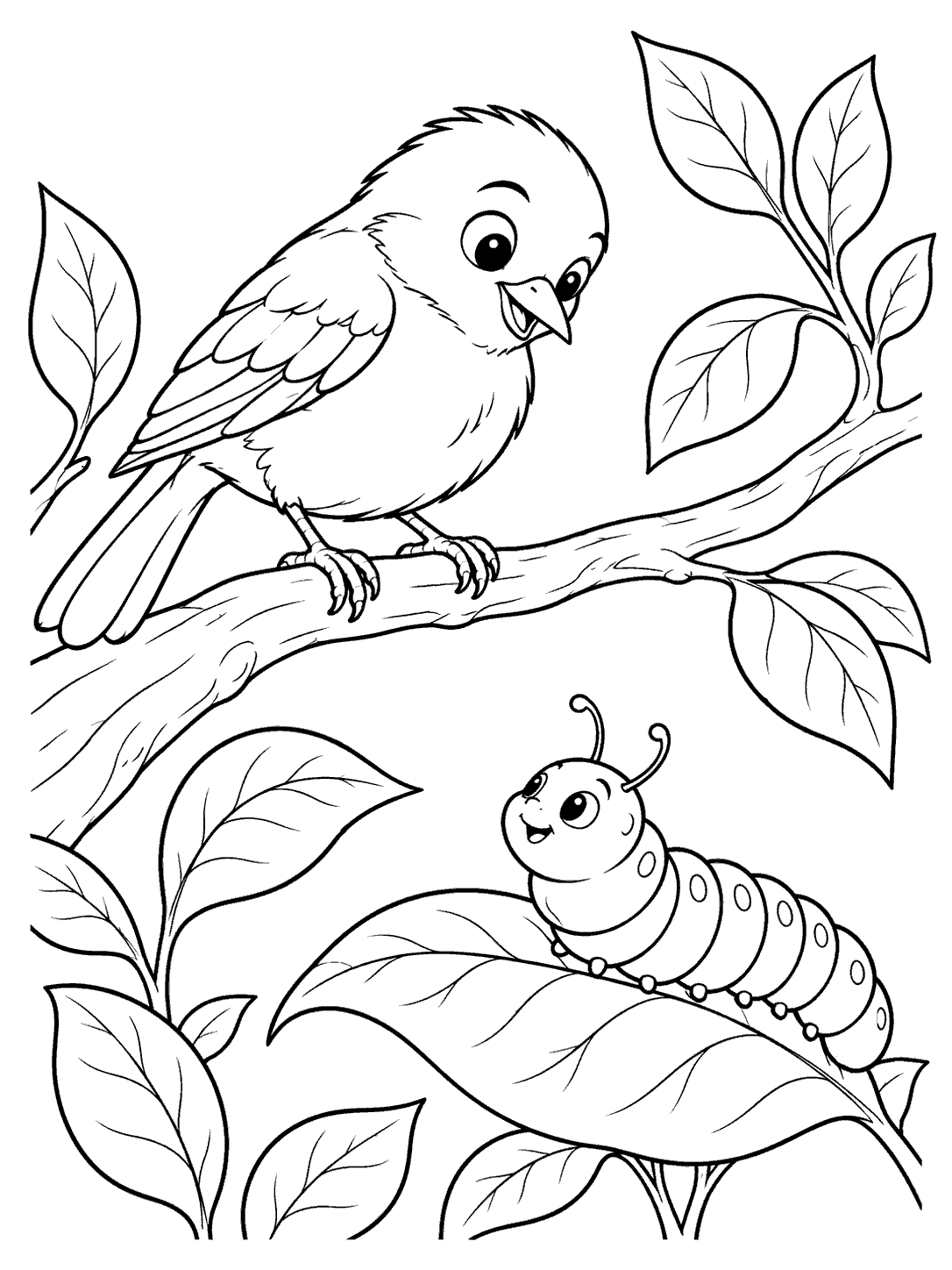 A friendly bird perched on a branch looks down at a segmented caterpillar on a leaf.
