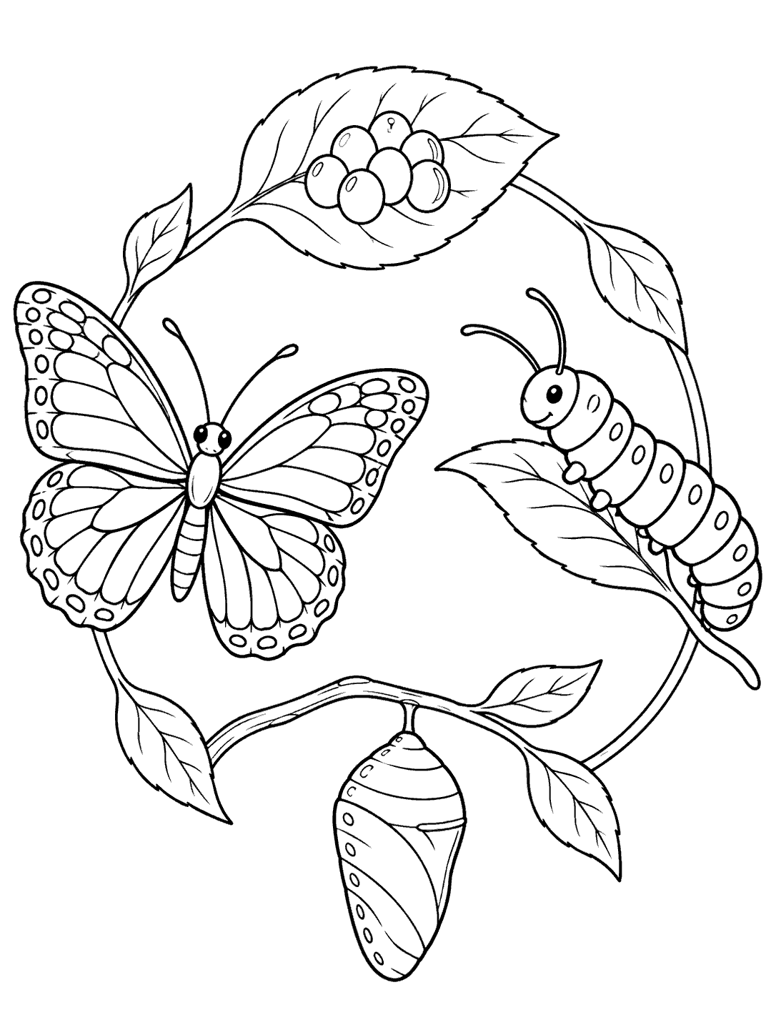 Black-and-white coloring page with a butterfly, segmented caterpillar, hanging chrysalis, and eggs on a leaf arranged in a circle.