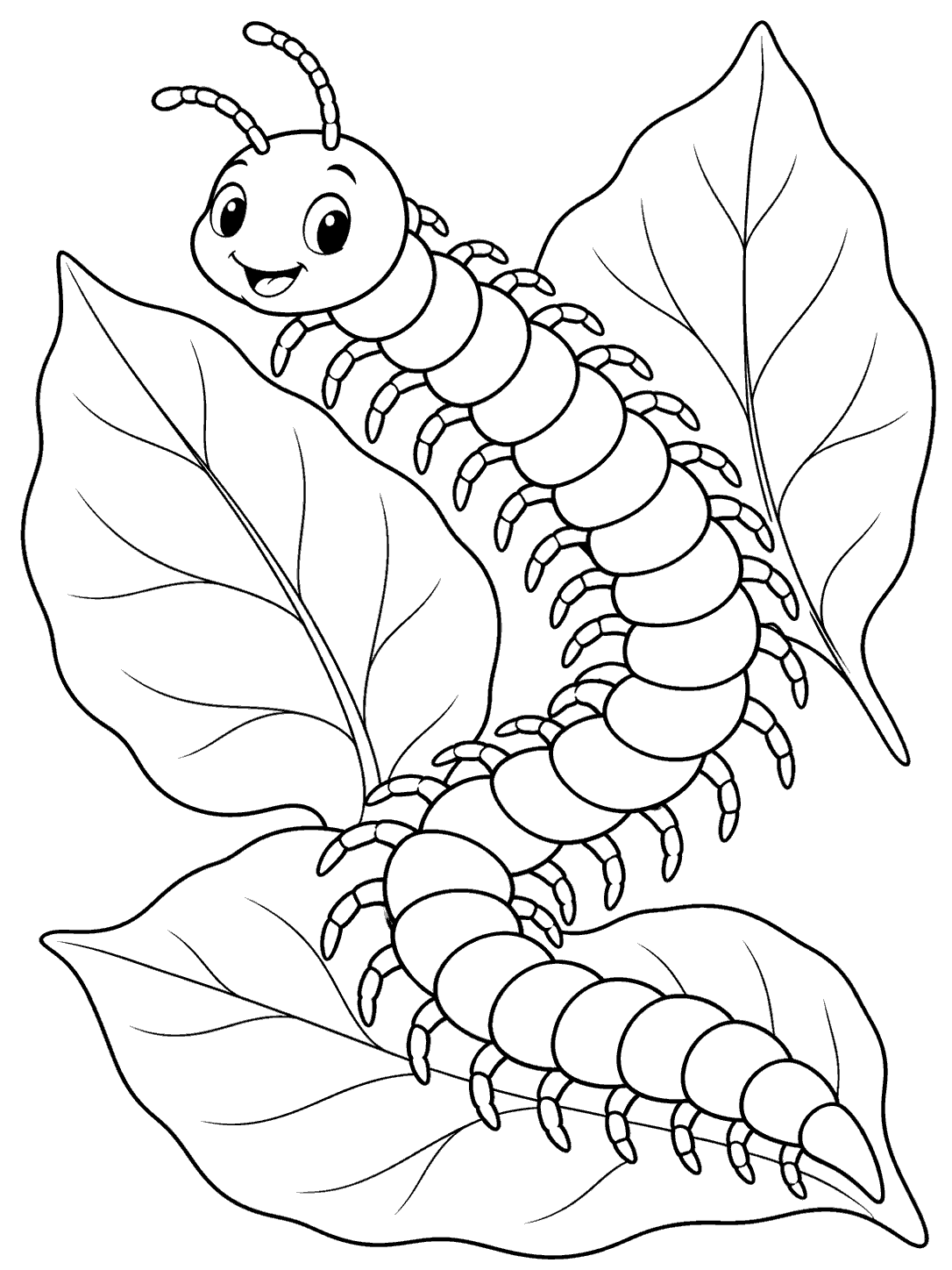 A smiling, many-legged centipede winding among three large garden leaves on a black-and-white coloring page.