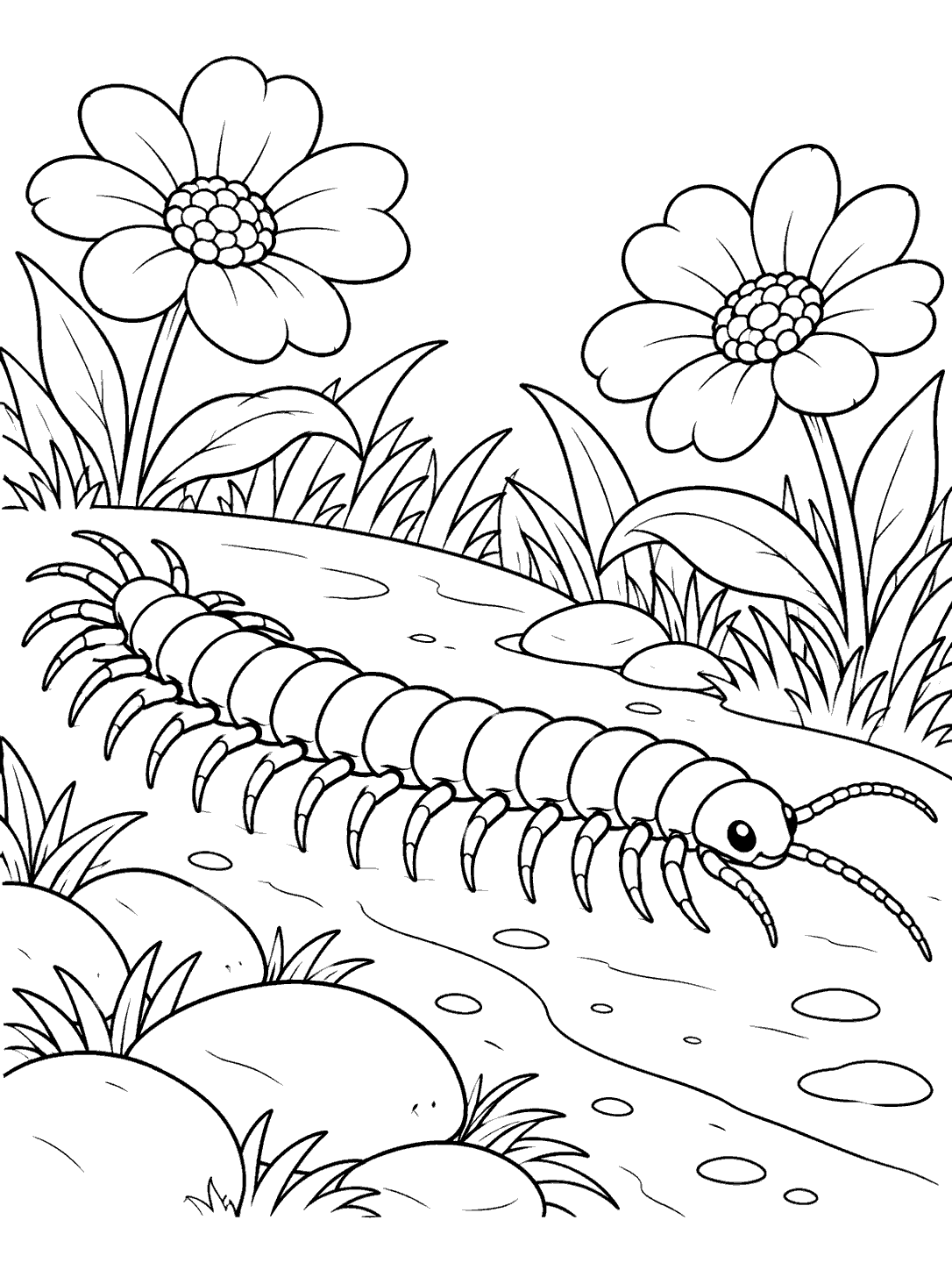 Black-and-white coloring page showing a long centipede crossing a winding garden path, with two large flowers and stones nearby.