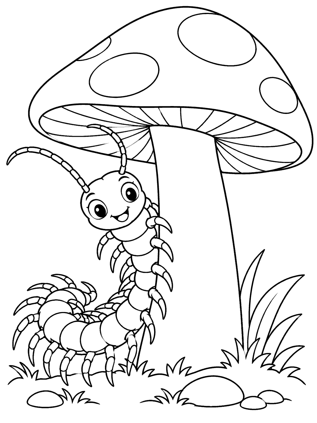 A smiling segmented centipede curves beside the stem of a large spotted mushroom, with grass and stones at its base.
