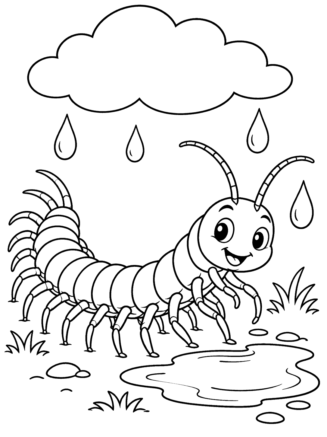 Cheerful centipede beside a puddle beneath a cloud with raindrops, coloring page