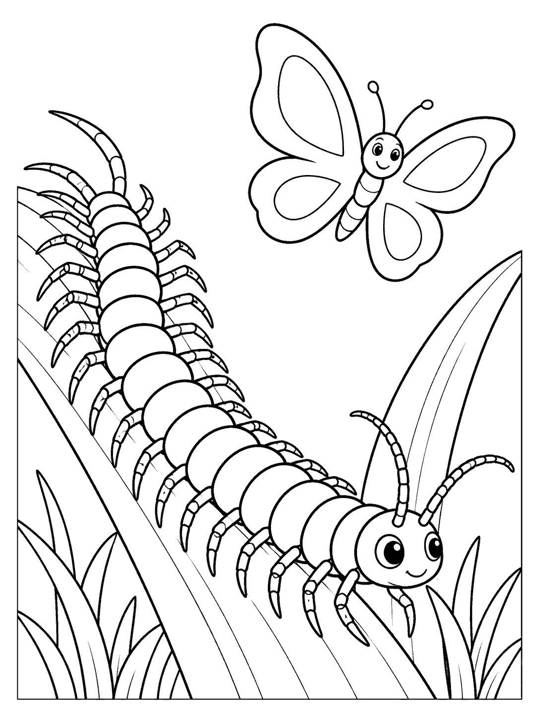 A smiling centipede with many separated legs moves between broad blades of grass beneath a butterfly with large patterned wings.