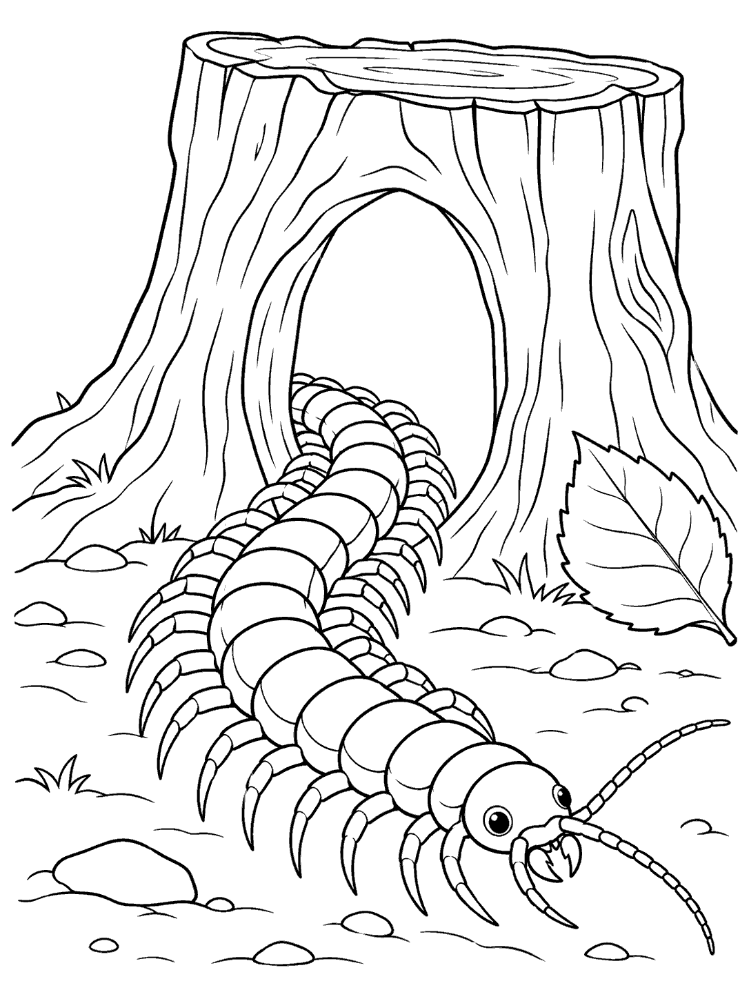 A large segmented centipede crawls out of a hollow tree stump beside a leaf, in a black-and-white coloring page.