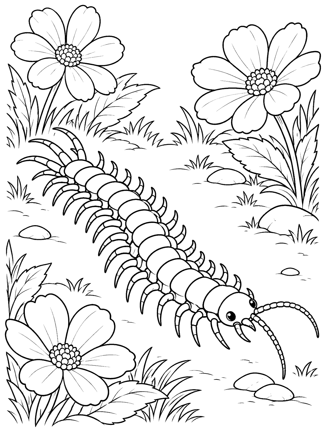 A large centipede crossing a woodland clearing, framed by three wildflowers, in a black-and-white coloring page.