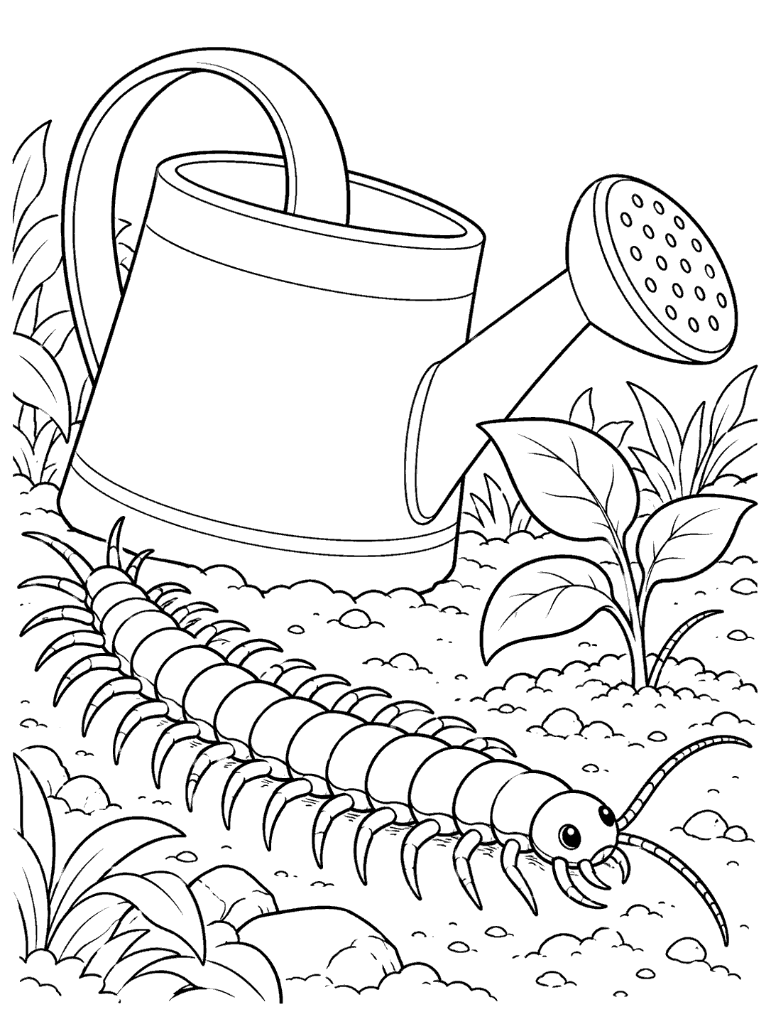 A full-bodied centipede in the foreground beside a large watering can and small plant, drawn as a black-and-white coloring page.