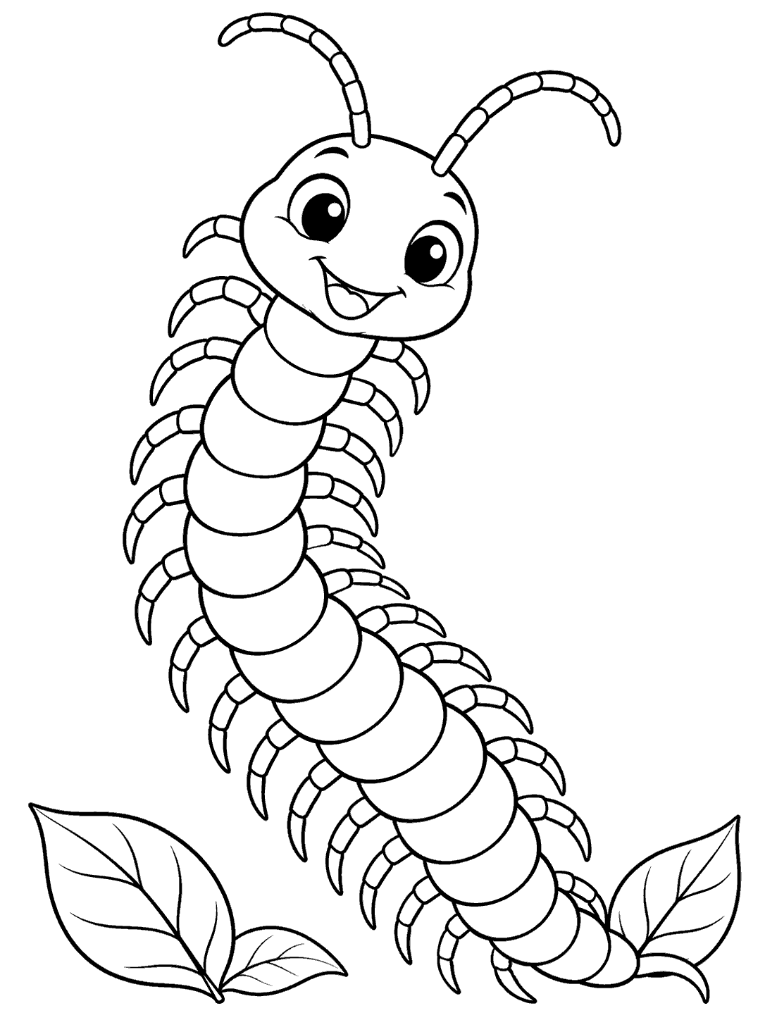Friendly upright centipede with many small legs and two leaves in a black-and-white coloring page