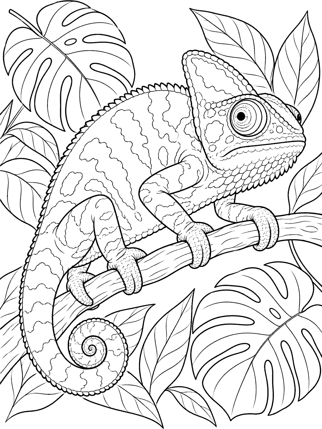Chameleon gripping a branch, framed by tropical leaves, with a curled tail and turret-shaped eyes.
