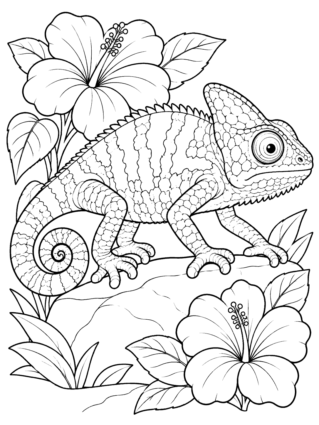Detailed chameleon with a curled tail and gripping toes on a garden stone, surrounded by two flowers and leaves.