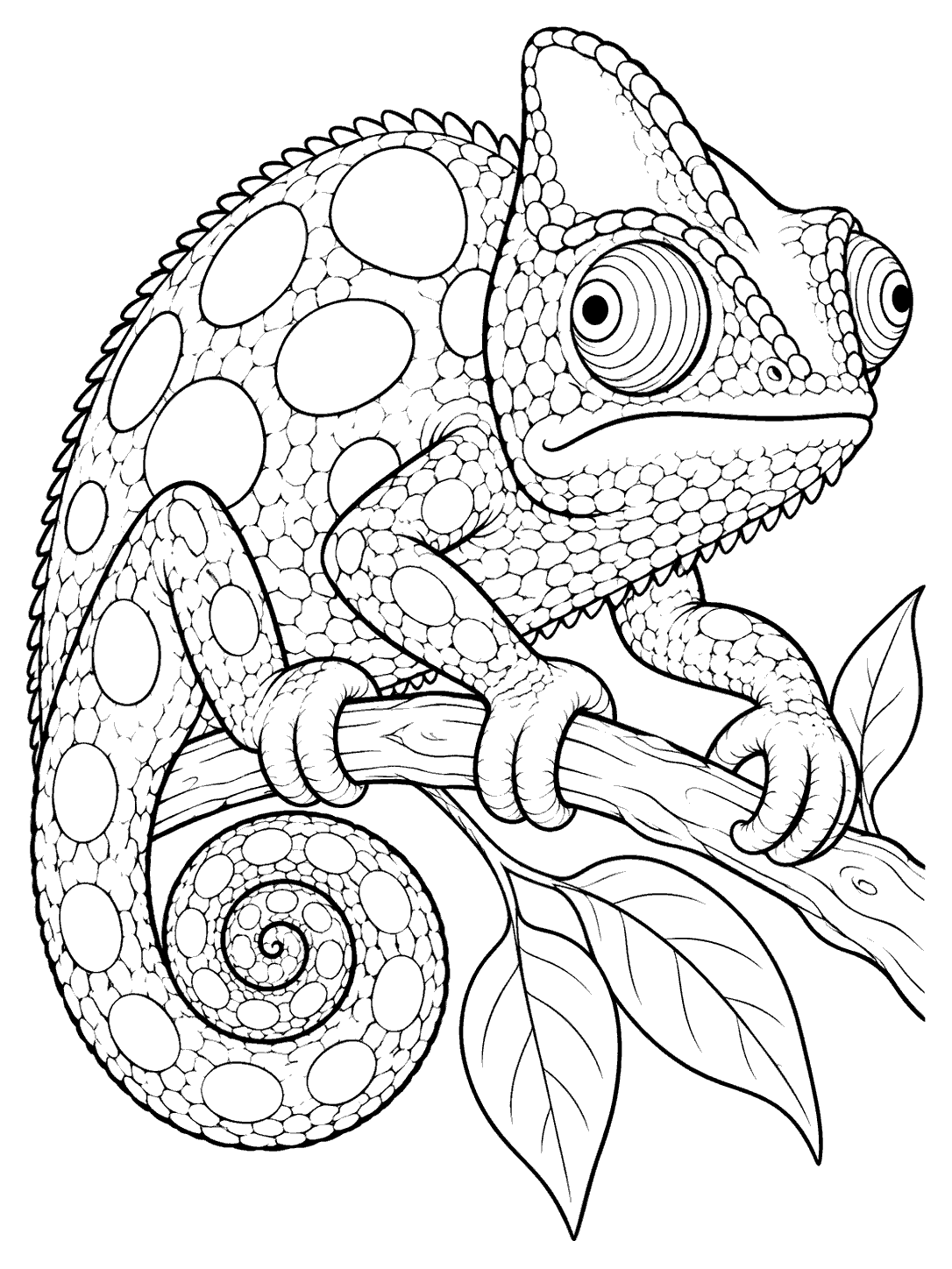 Chameleon perched on a twig with a prominent curled tail, independently oriented eyes, and patterned body.