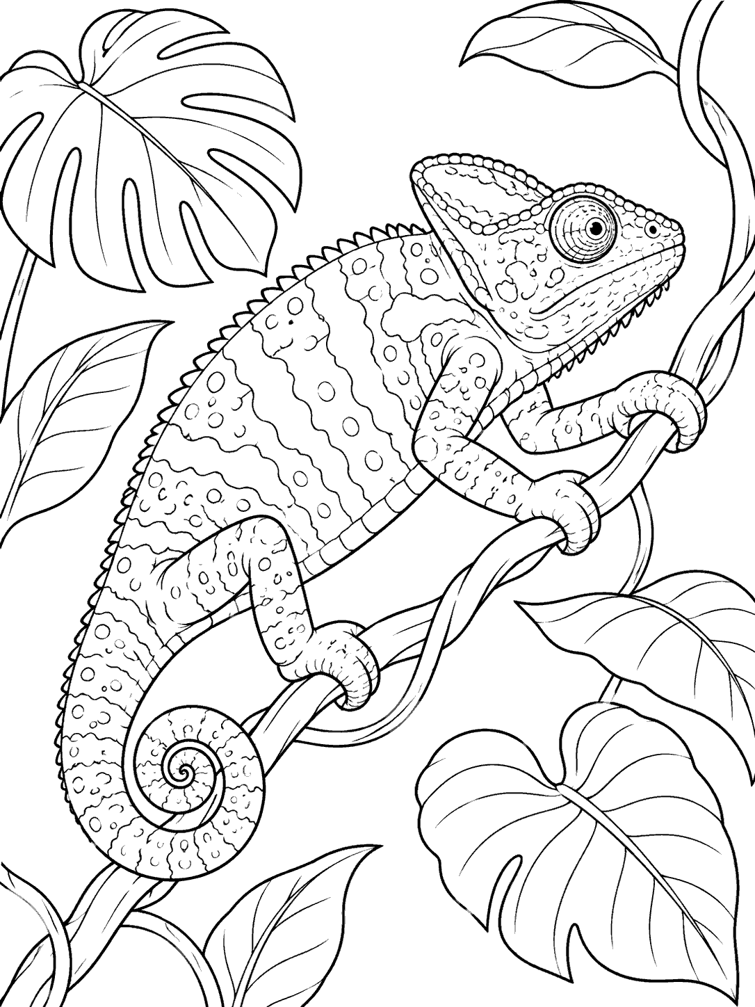 A detailed chameleon with a curled tail and gripping feet climbing a looping vine among large leaves.
