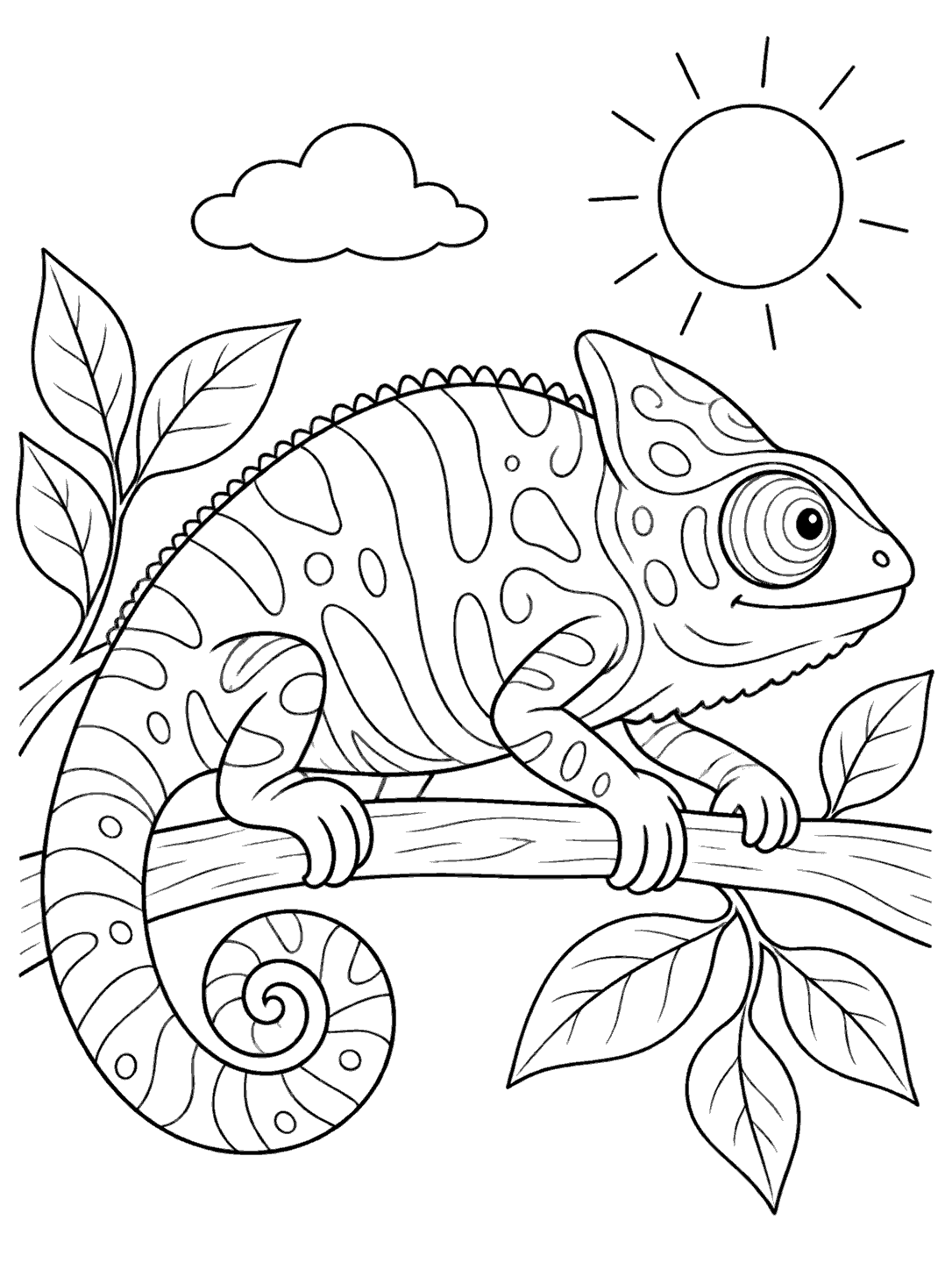 A large curled-tail chameleon gripping a branch, surrounded by leaves, beneath a sun and small cloud.