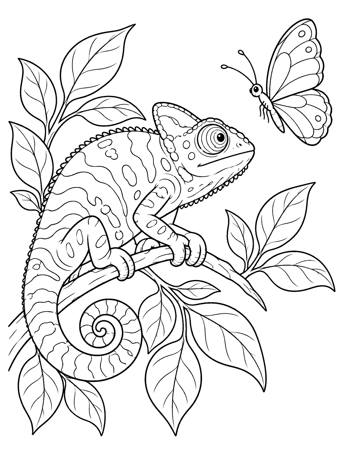 A chameleon with a curled tail perched on a leafy twig, watching a butterfly with broad patterned wings.