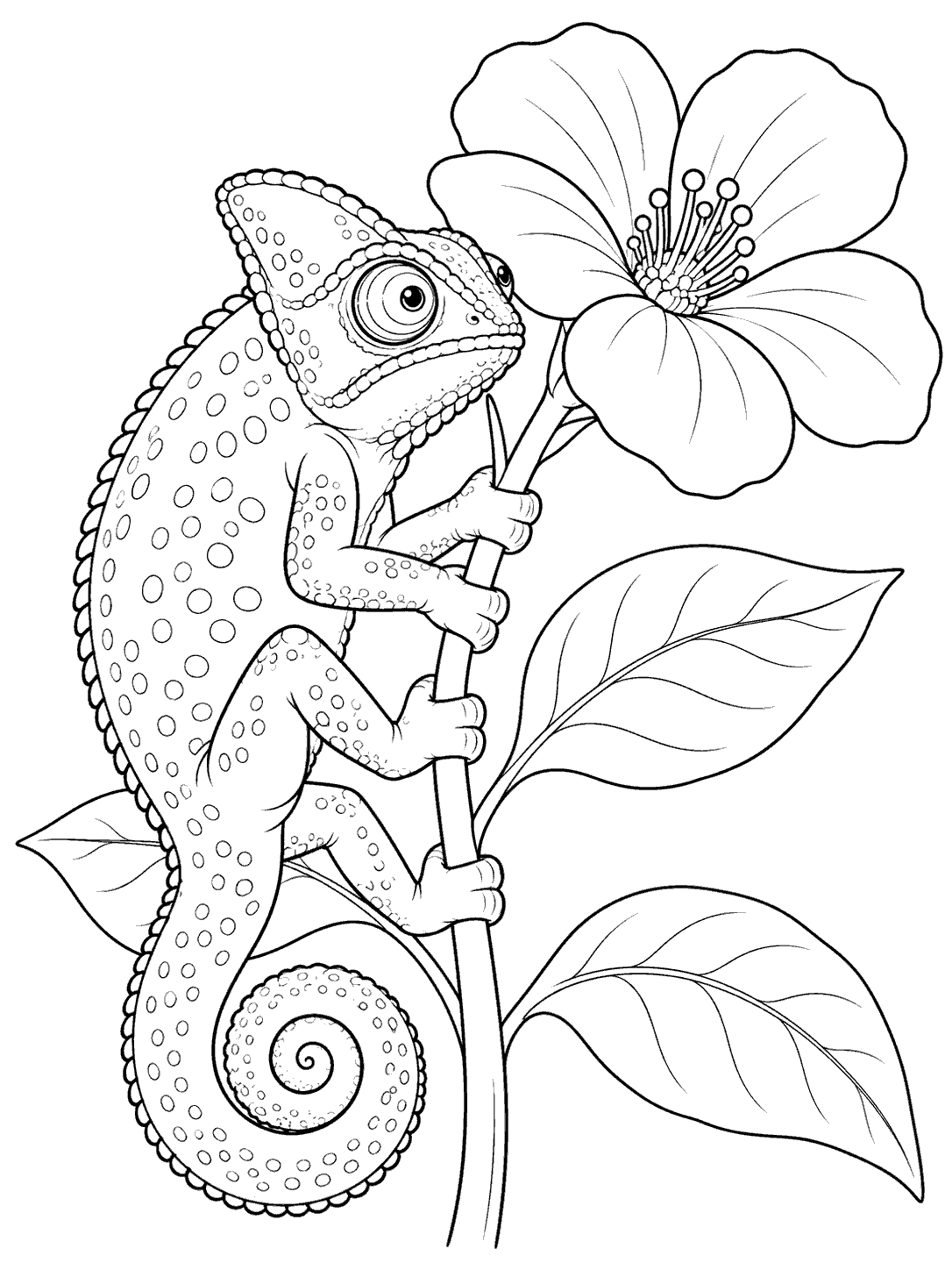 A spotted chameleon with a curled tail and prominent eyes gripping a flower stem beside a large five-petaled bloom and broad leaves.